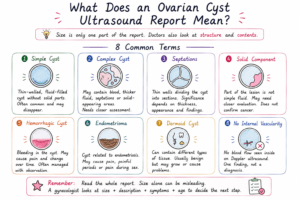 common ovarian cyst ultrasound terms, including simple cyst, complex cyst, septations, solid component, hemorrhagic cyst, endometrioma, dermoid cyst and no internal vascularity
