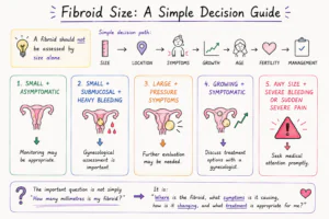 fibroid decision guide based on size, location, symptoms, growth, and treatment needs.