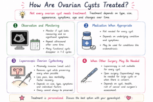 four ovarian cyst treatment options monitoring, medication, laparoscopic cystectomy and open surgery when needed