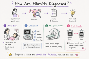 how fibroids are diagnosed using pelvic examination, ultrasound, MRI when needed, and follow-up scans.
