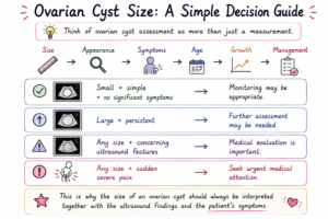ovarian cyst decision guide based on size, appearance, symptoms, age and growth, with guidance on monitoring, evaluation and urgent care