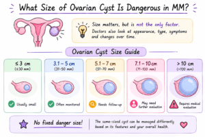 ovarian cyst size ranges from ≤30 mm to 100 mm and explaining why size alone does not determine danger