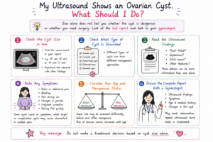 six steps to follow after an ultrasound finds an ovarian cyst, including checking size, cyst type, ultrasound findings, symptoms, age and discussing the report with a gynecologist