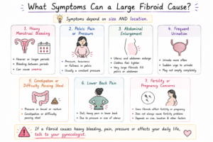 symptoms of large fibroids, including heavy bleeding, pelvic pressure, abdominal enlargement, frequent urination, constipation, back pain and fertility concerns.