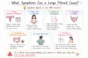 symptoms of large fibroids, including heavy bleeding, pelvic pressure, abdominal enlargement, frequent urination, constipation, back pain and fertility concerns.