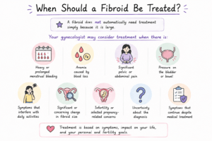 when fibroid treatment may be considered based on symptoms, bleeding, pain, pressure, growth and fertility concerns.
