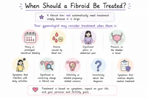 when fibroid treatment may be considered based on symptoms, bleeding, pain, pressure, growth and fertility concerns.